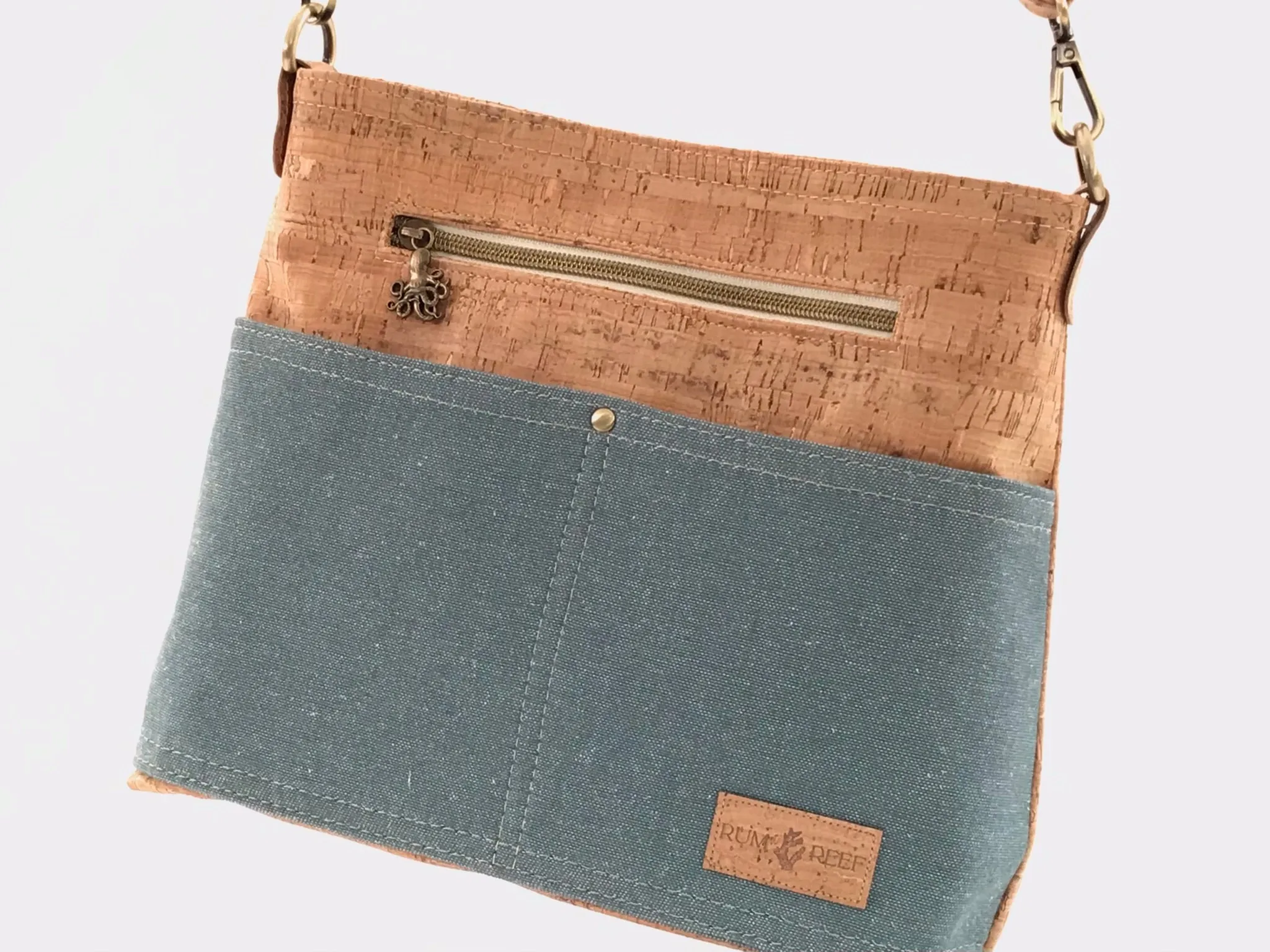 Deep Water Teal and Cork Crossbody with Octopus Zipper