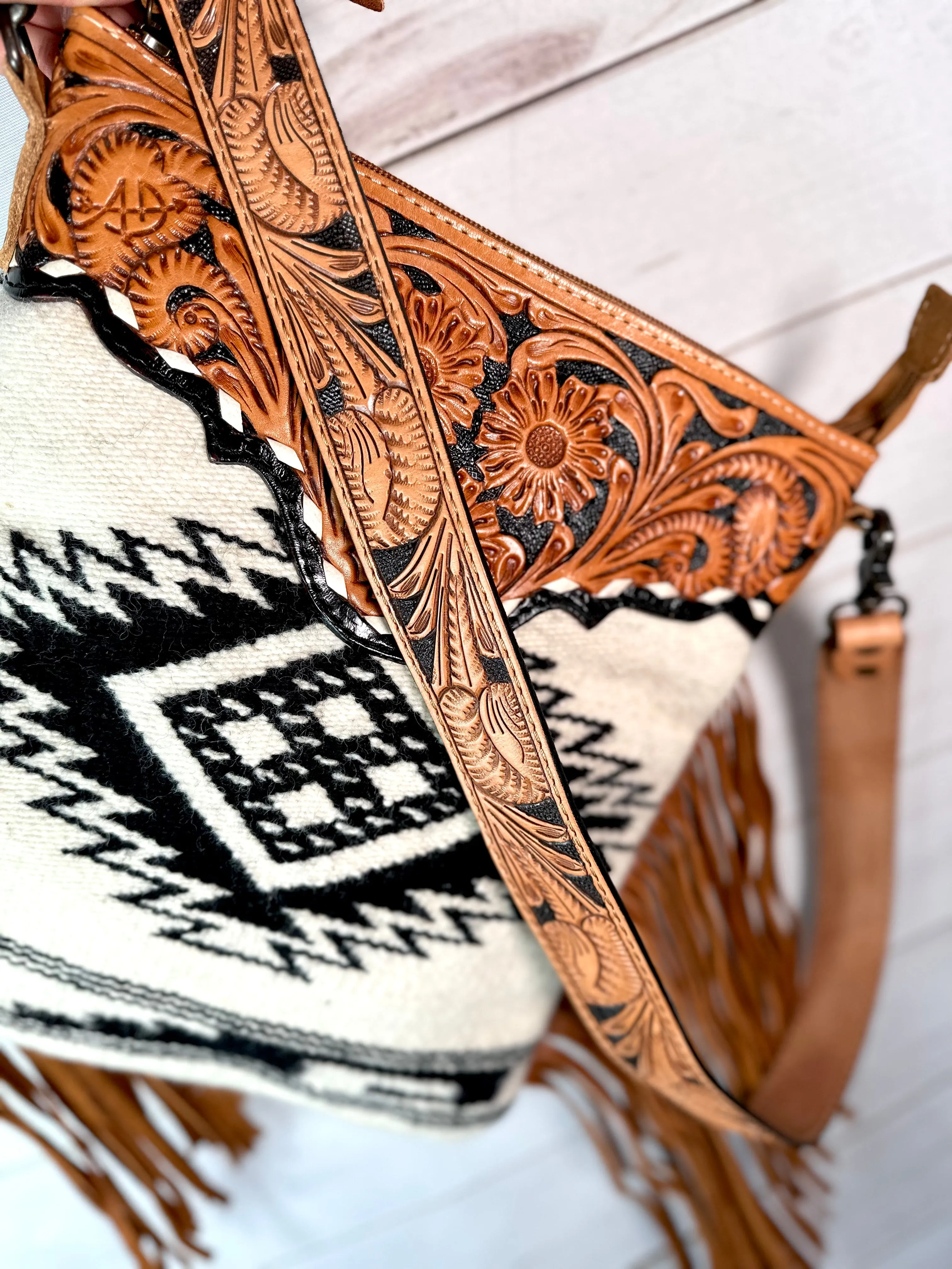 Diamond Aztec Cream and Black Wool Crossbody Bag