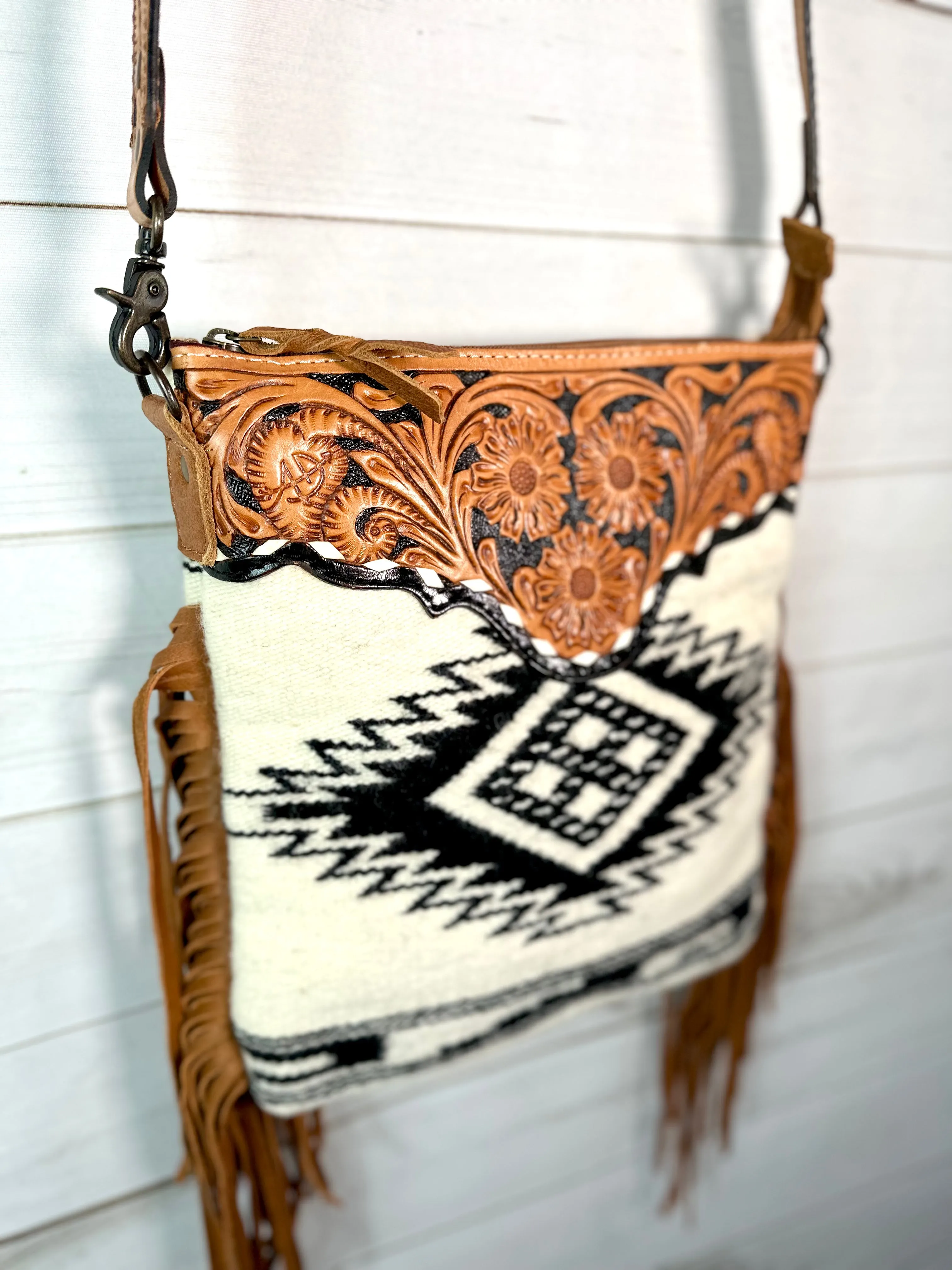 Diamond Aztec Cream and Black Wool Crossbody Bag