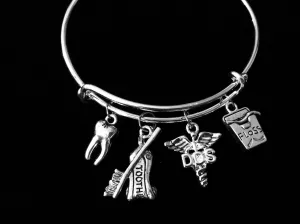 Doctor of Dental Surgury Dentist Jewelry DDS Expandable Charm Bracelet Silver Tooth Floss Toothpaste Toothbrush Adjustable Wire Bangle One Size Fits All Gift DDS Graduation