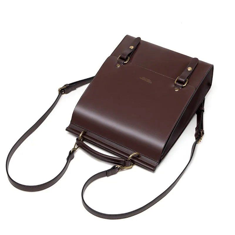 Executive Leather Box Backpack with Buckled Flap for Women, One Size
