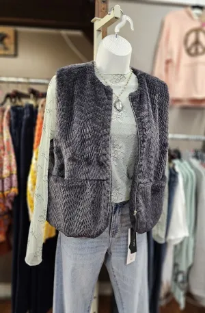 Faux Fur Waist Length Zip Front Vest w Front Pockets