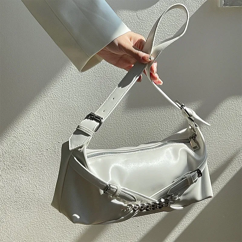 Felia Faux Leather Double Buckle Cuban Chain Handbag