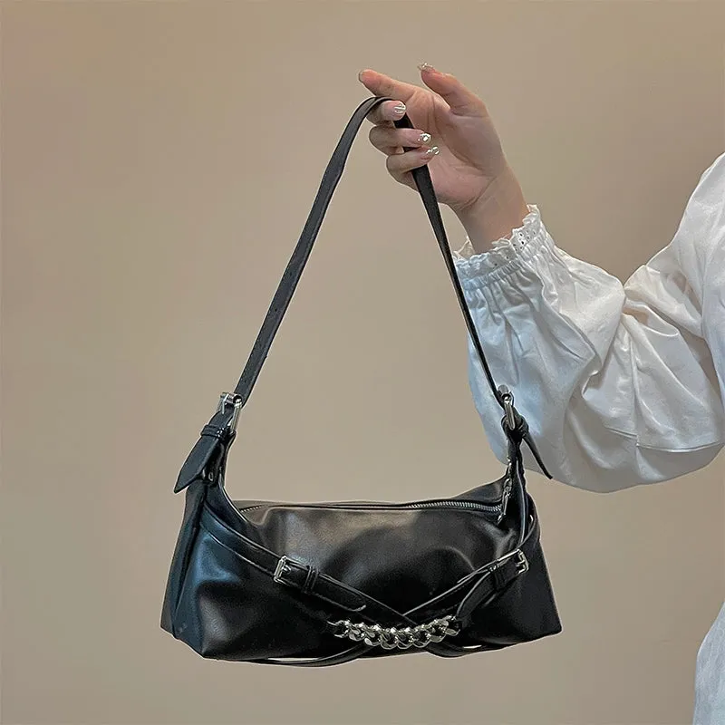 Felia Faux Leather Double Buckle Cuban Chain Handbag