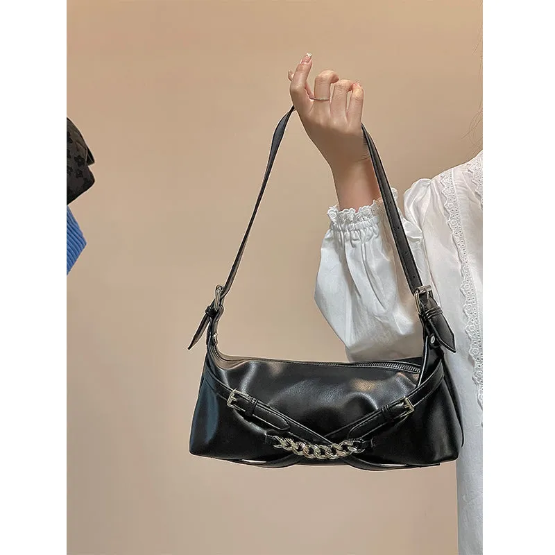 Felia Faux Leather Double Buckle Cuban Chain Handbag