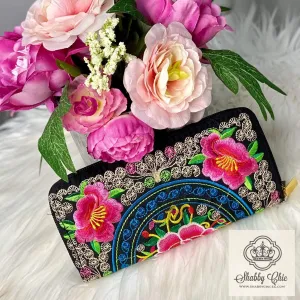 Floral Embroidery Zip Wallet