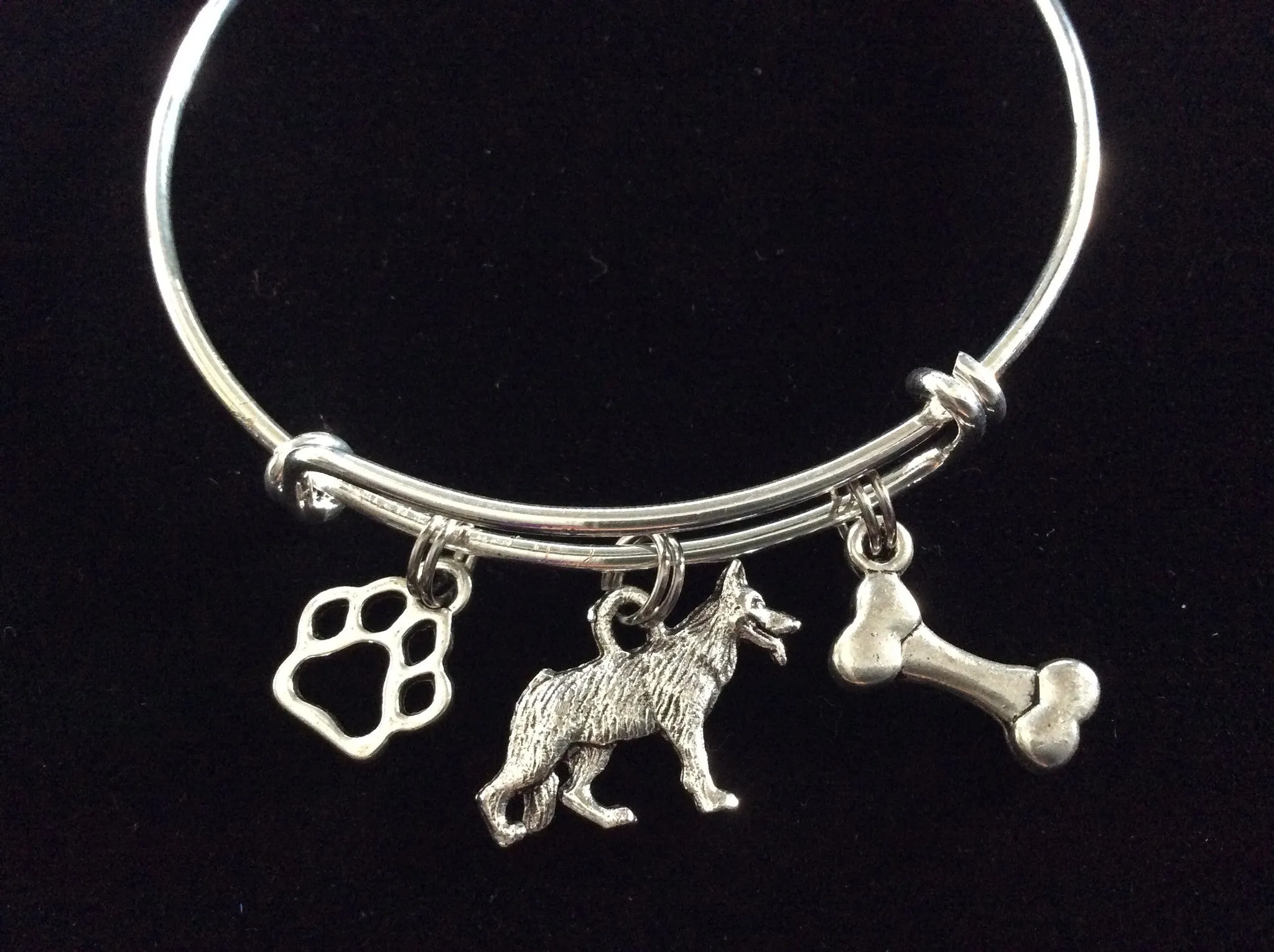 German Shepherd Dog Charm on a Silver Expandable Adjustable Bangle Bracelet Meaningful Dog Lover Gift