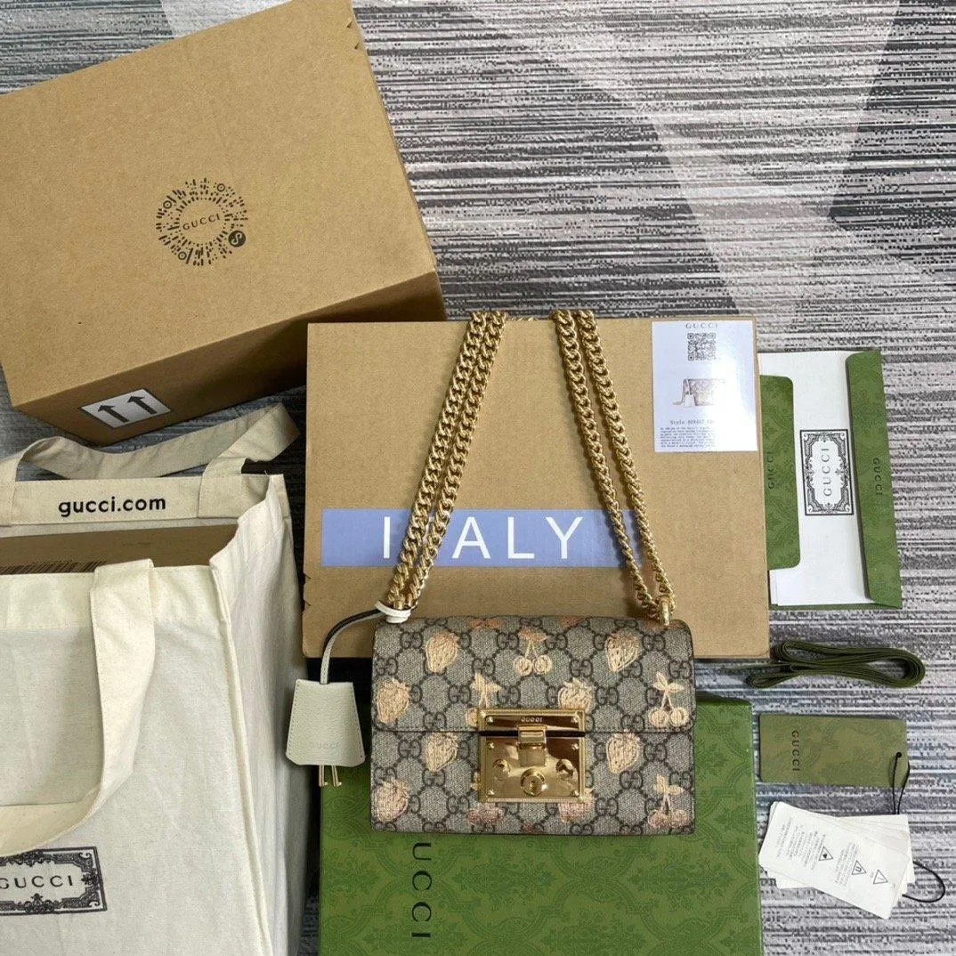 gg Padlock Small gg Strawberry Shoulder Bag Beige For Women, Women&#8217;s Bags 7.9in/20cm gg