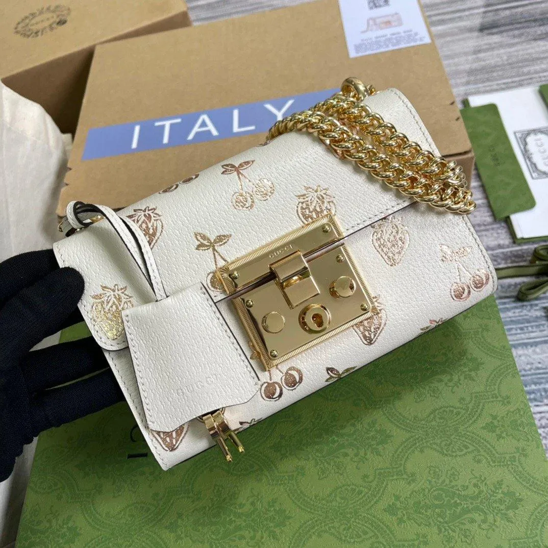 gg Padlock Small gg Strawberry Shoulder Bag White For Women, Women&#8217;s Bags 7.9in/20cm gg