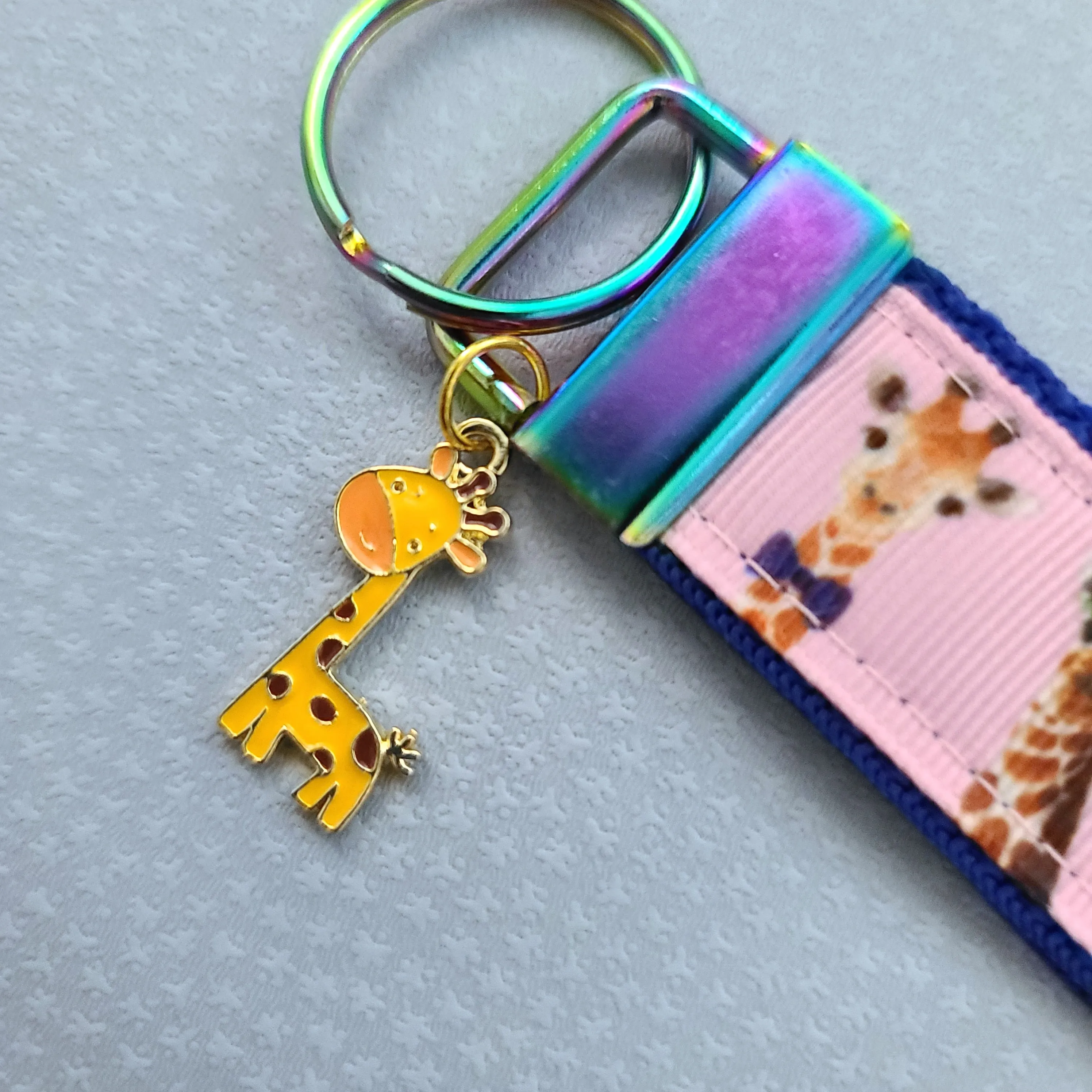 Giraffes on Pink Key Chain Fob with Enameled Giraffe charm