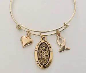 Gold Awareness Ribbon Saint Jude Expandable Charm Bracelet Patron Saint of Hopeless Cases and Lost Causes Double Sided Adjustable Bangle
