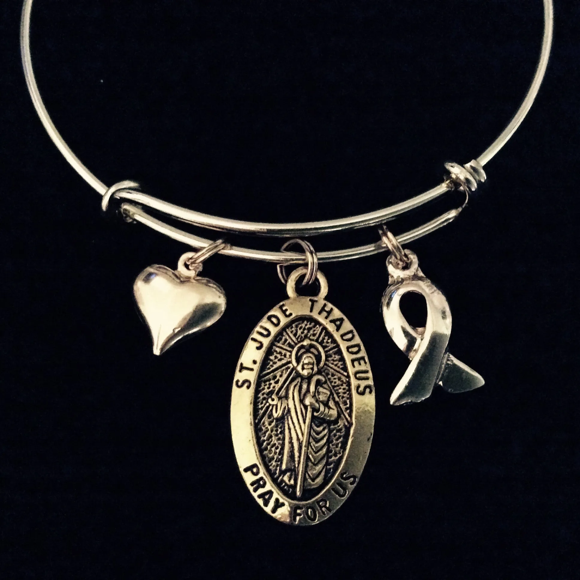 Gold Awareness Ribbon Saint Jude Expandable Charm Bracelet Patron Saint of Hopeless Cases and Lost Causes Double Sided Adjustable Bangle