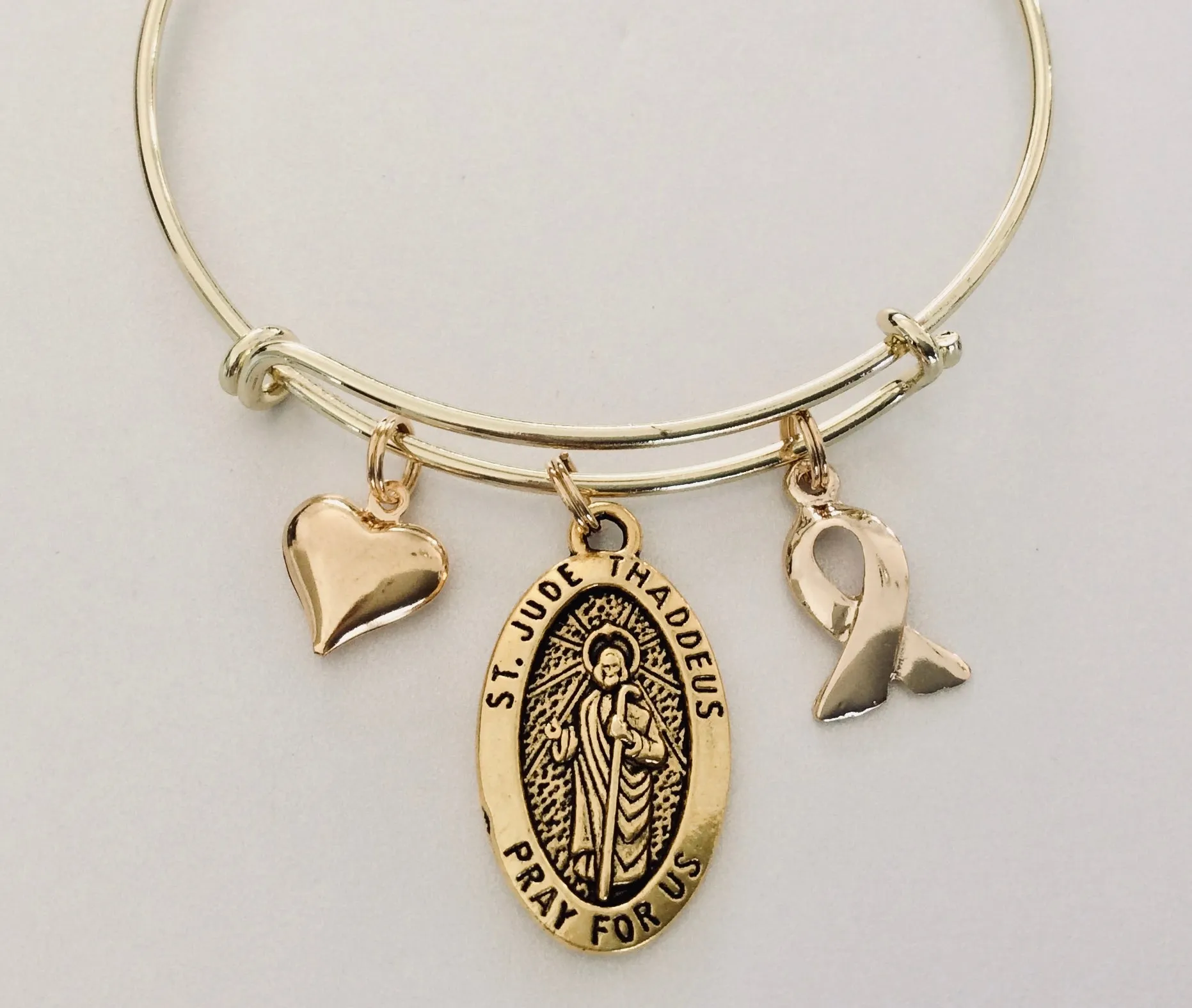 Gold Awareness Ribbon Saint Jude Expandable Charm Bracelet Patron Saint of Hopeless Cases and Lost Causes Double Sided Adjustable Bangle