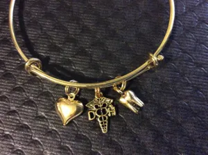Gold Tooth DH Caduceus Puffy Heart Charm Expandable Bracelet Adjustable Bangle Dental Hygenist Gift