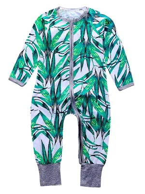 Green Blue Tropical Baby Zip Sleepsuit with Hand & Feet Cuffs