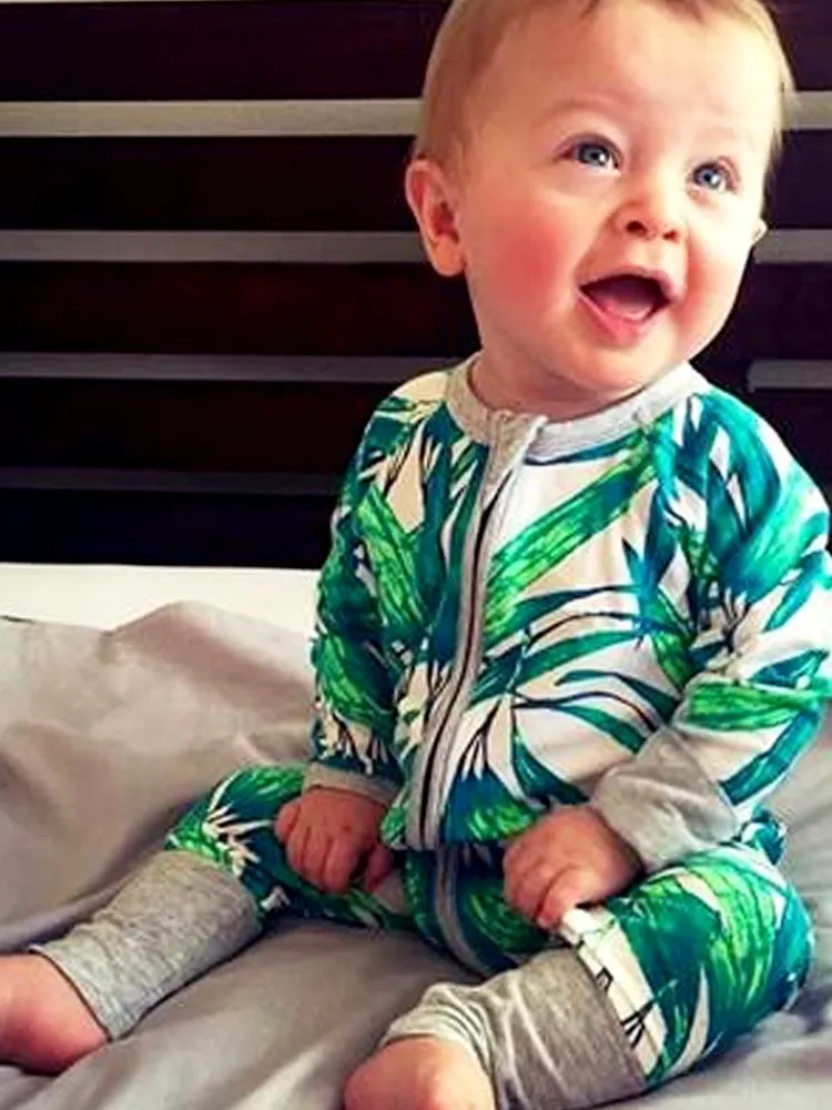 Green Blue Tropical Baby Zip Sleepsuit with Hand & Feet Cuffs