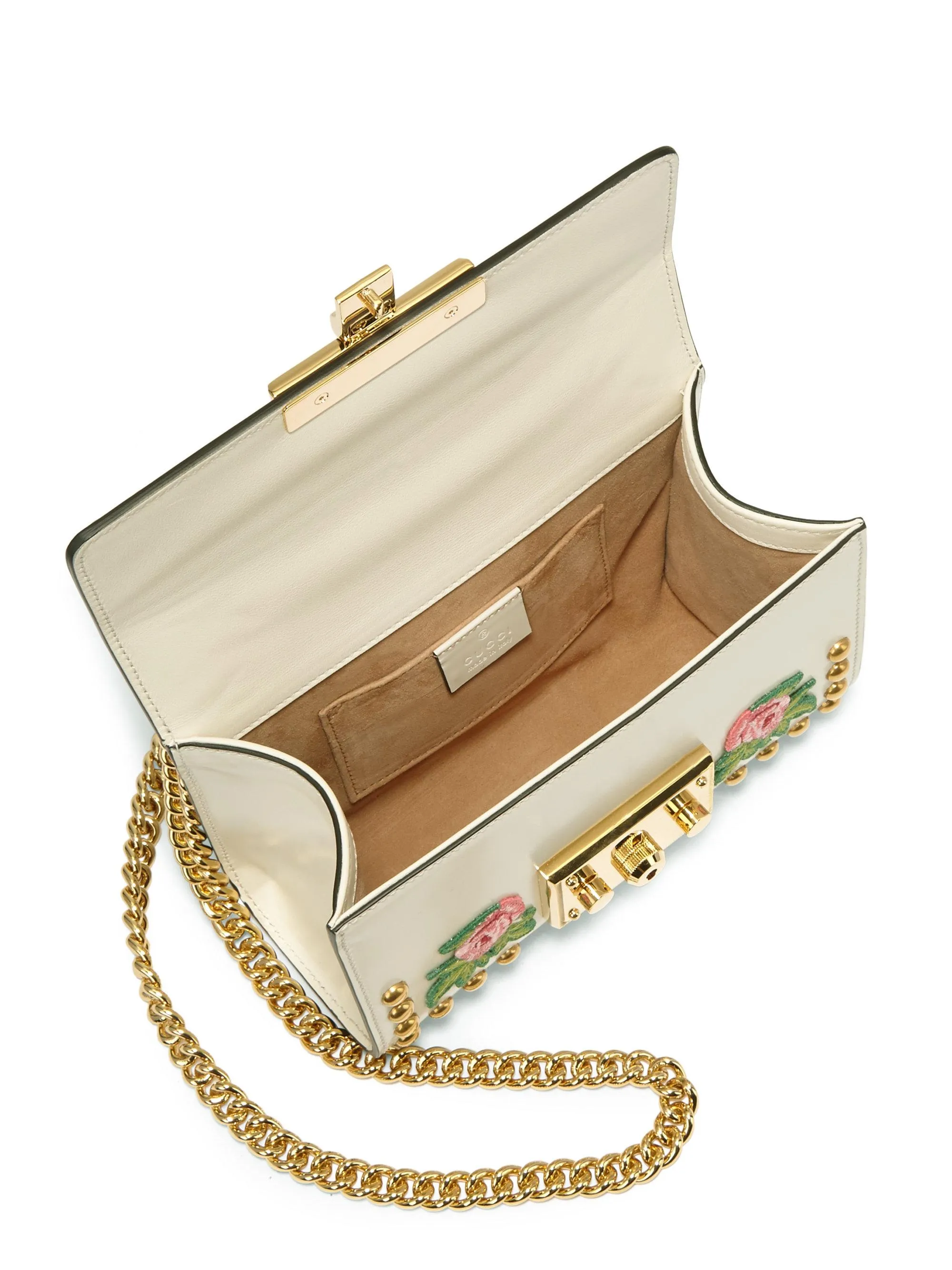 Gucci Small Floral Embroidered Padlock Shoulder Bag in White