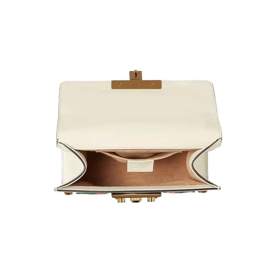 Gucci Small Floral Embroidered Padlock Shoulder Bag in White