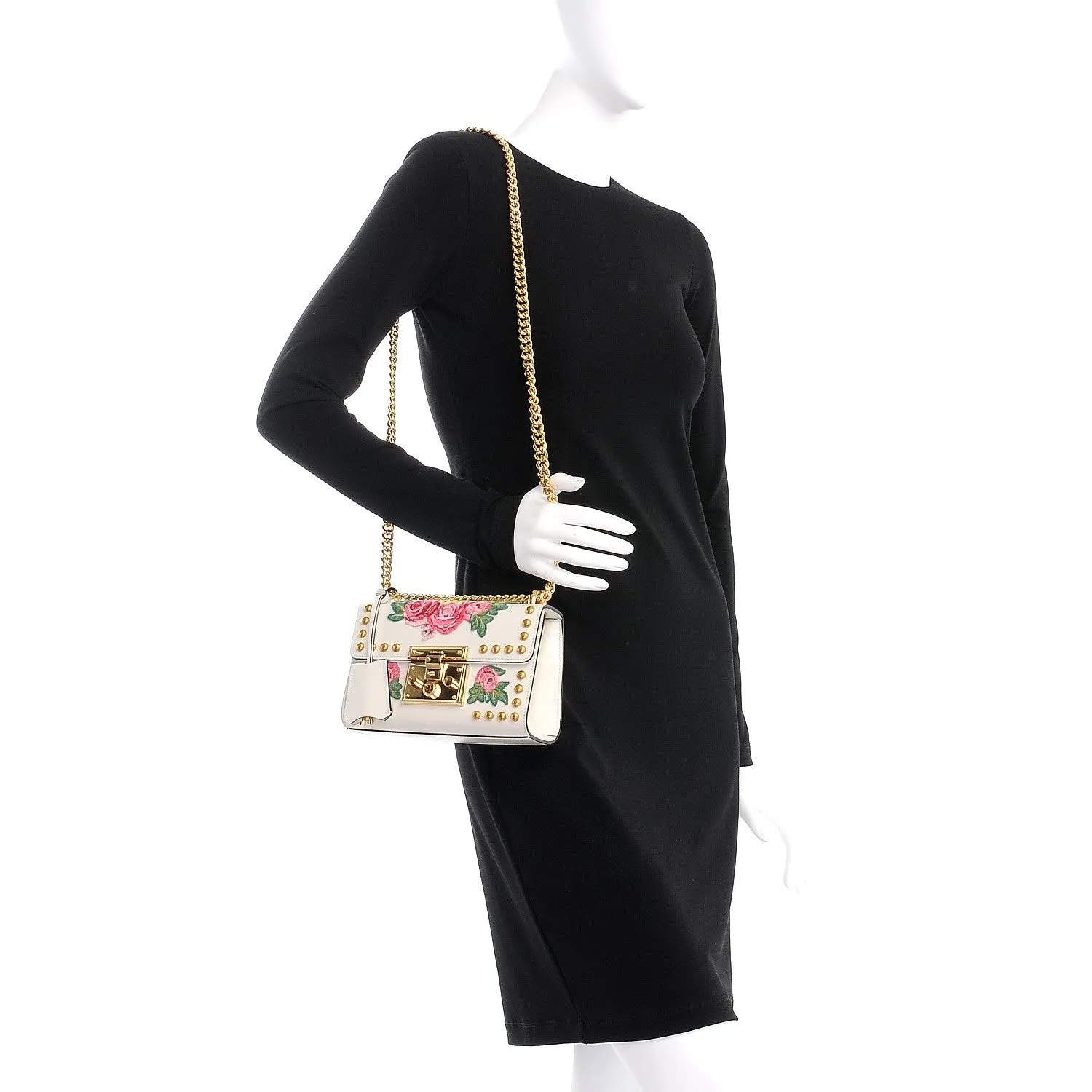 Gucci Small Floral Embroidered Padlock Shoulder Bag in White