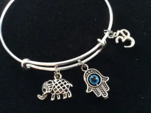 Hamsa Om and Lucky Elephant on a Silver Adjustable Bangle Charm Bracelet Expandable Charm Bracelet