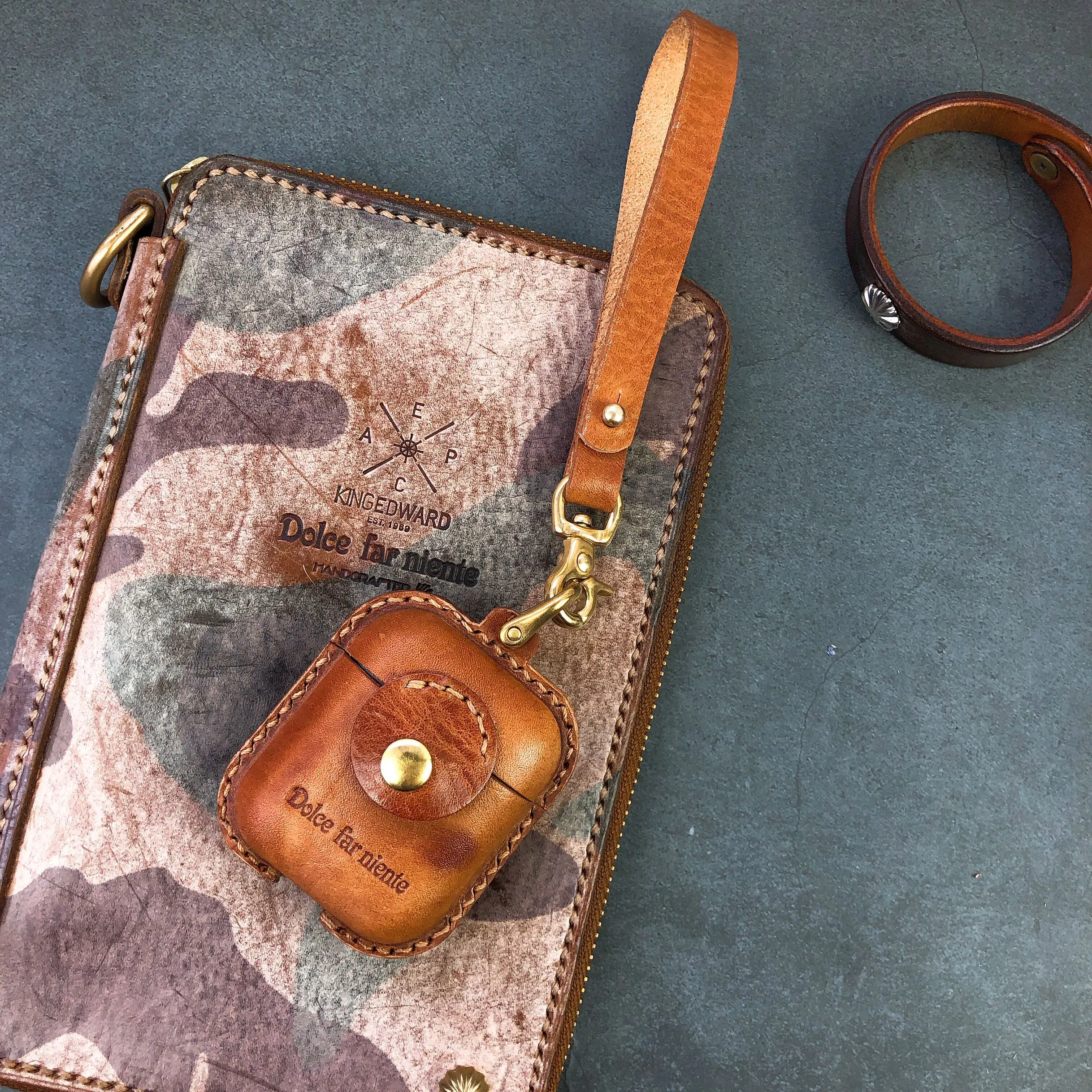 Handmade Green Leather AirPods 1,2 Cases with Wristlet Strap Leather AirPods Cases Airpod Case Cover