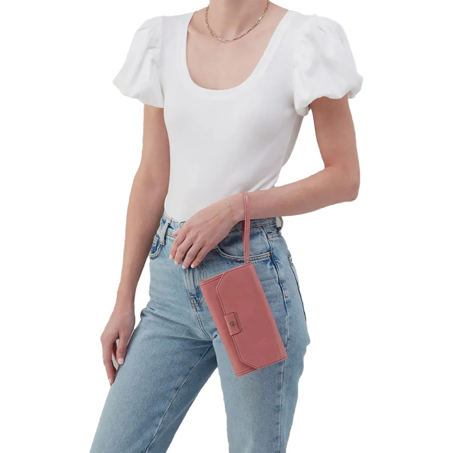 Hobo Romy Wallet Crossbody Rose Polished Leather