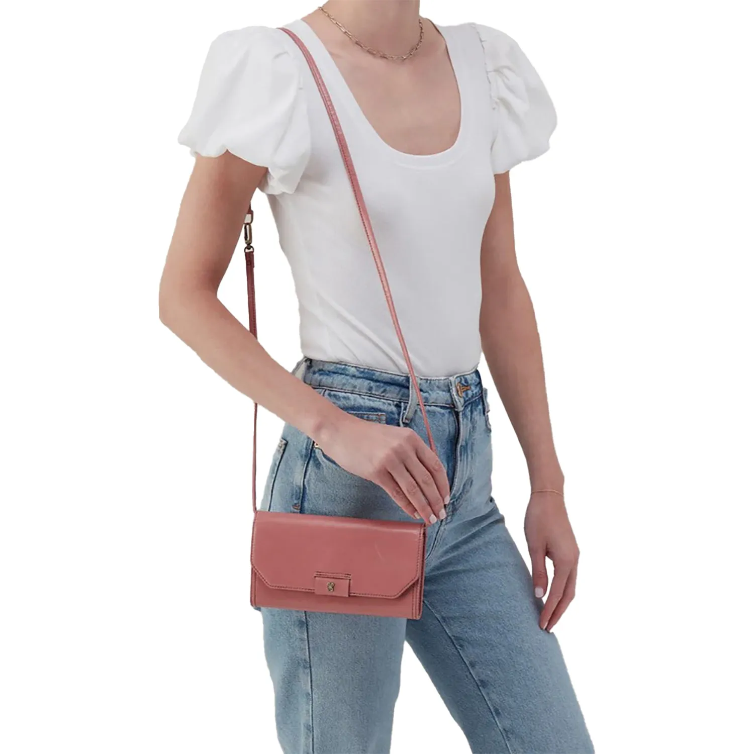 Hobo Romy Wallet Crossbody Rose Polished Leather