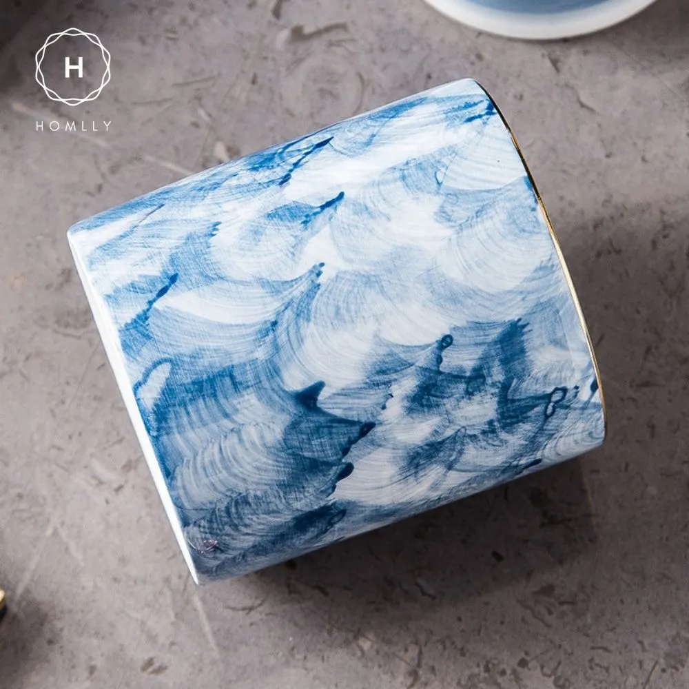 Homlly Nordic Blue Makeup Brush Pen Storage Ceramic Holder Organizer Mug