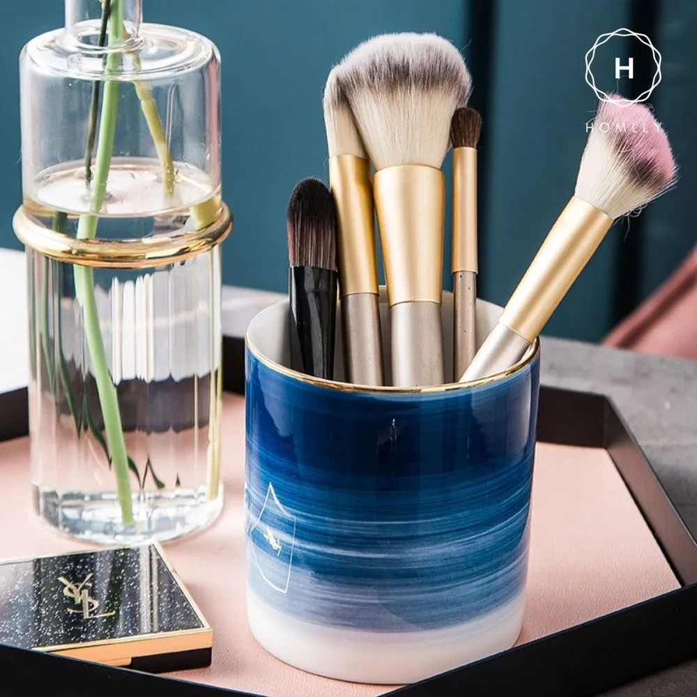 Homlly Nordic Blue Makeup Brush Pen Storage Ceramic Holder Organizer Mug