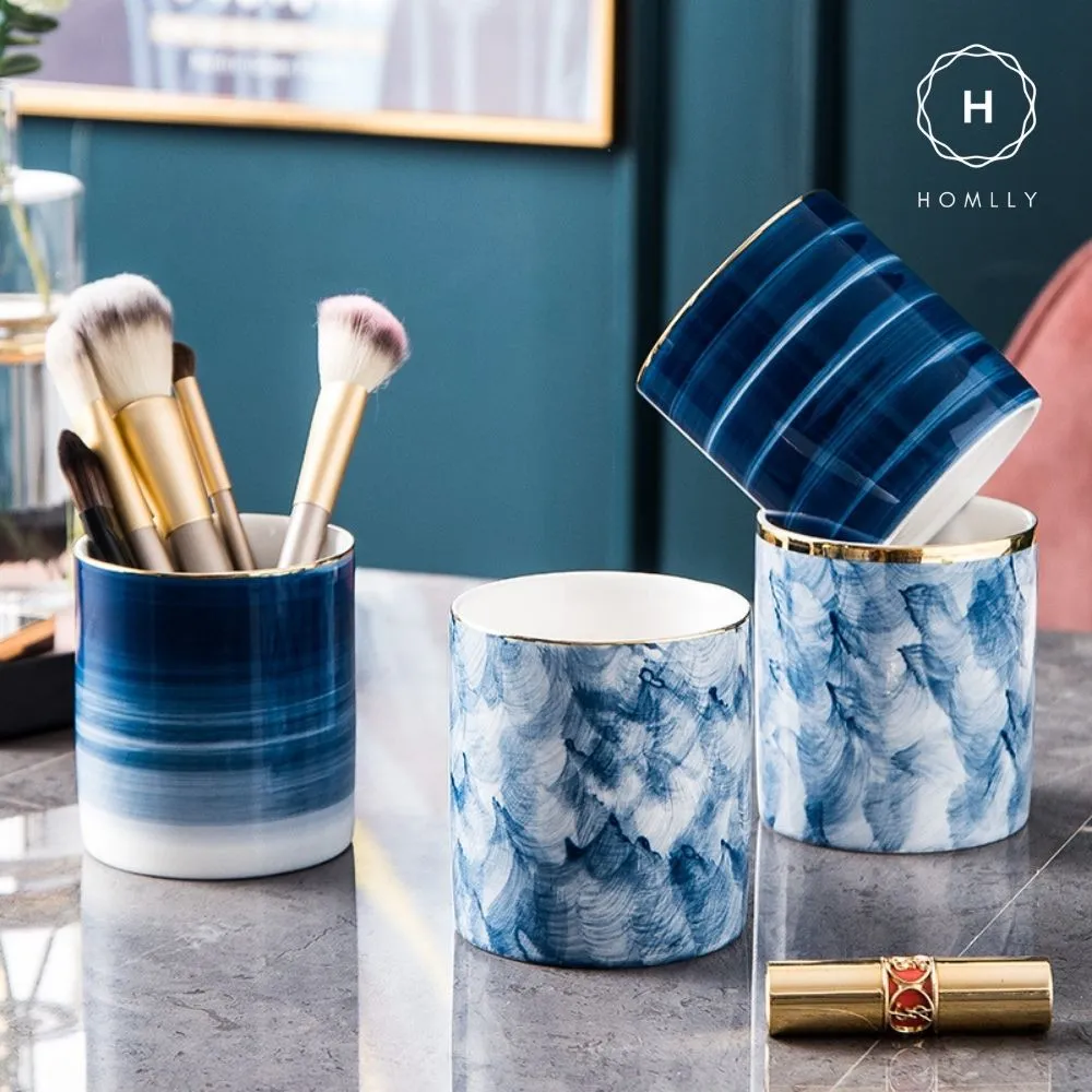 Homlly Nordic Blue Makeup Brush Pen Storage Ceramic Holder Organizer Mug
