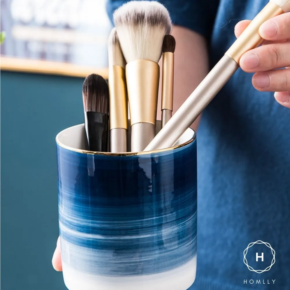 Homlly Nordic Blue Makeup Brush Pen Storage Ceramic Holder Organizer Mug