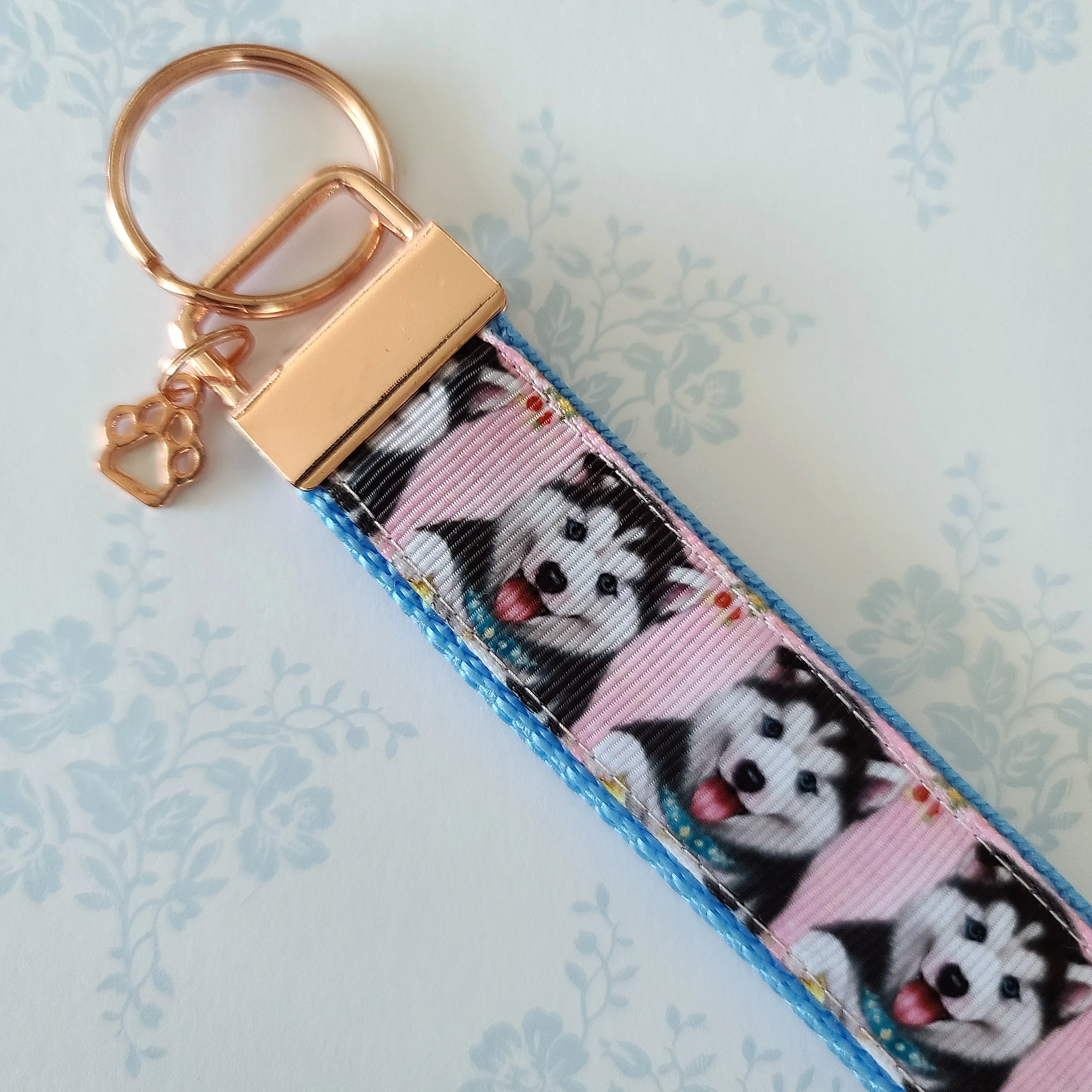 Husky on Rose Gold Key Chain Fob includes Enameled Paw Print Charm