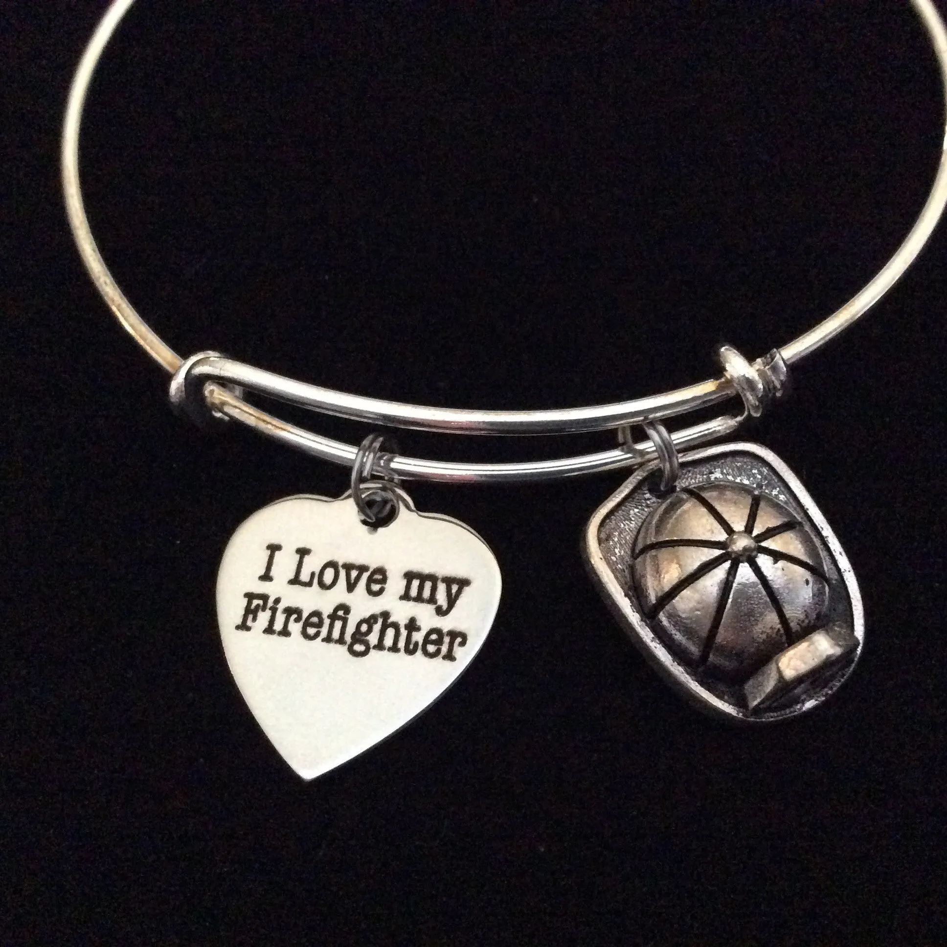 I Love My Firefighter on Expandable Adjustable Wire Bangle Bracelet Occupational Fire Hat Fire Department Wife Gift