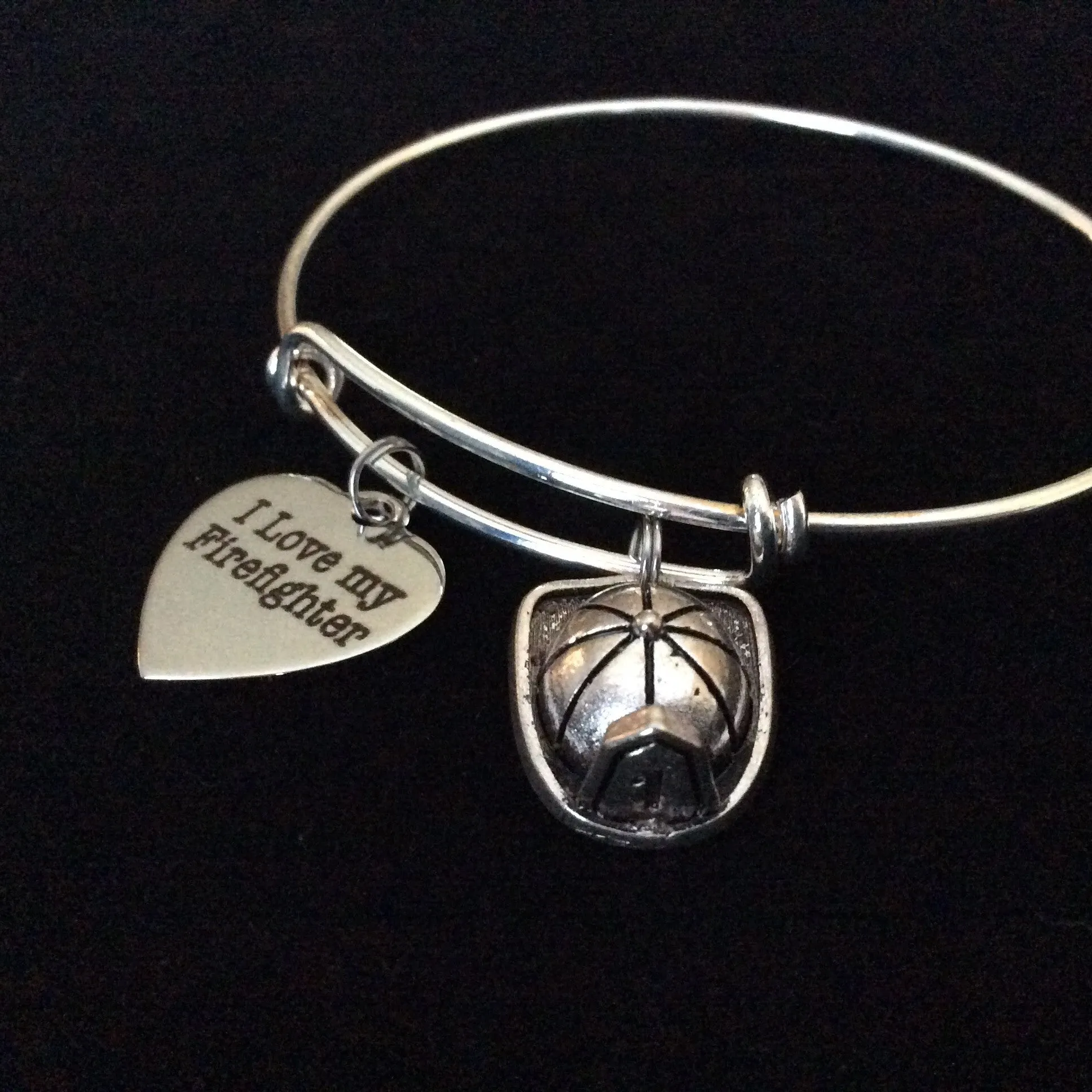 I Love My Firefighter on Expandable Adjustable Wire Bangle Bracelet Occupational Fire Hat Fire Department Wife Gift