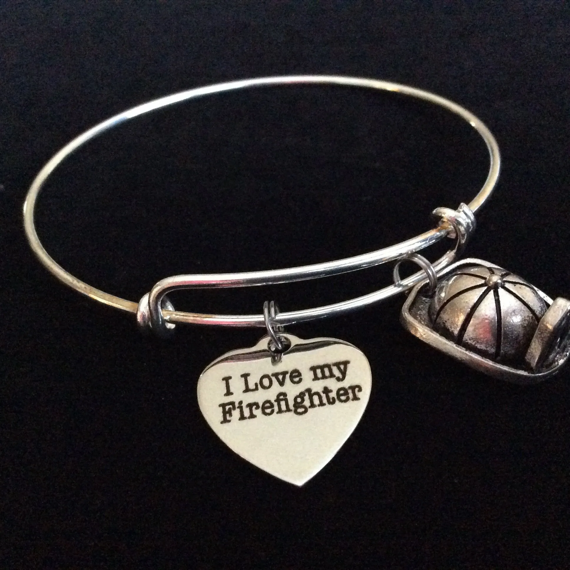 I Love My Firefighter on Expandable Adjustable Wire Bangle Bracelet Occupational Fire Hat Fire Department Wife Gift