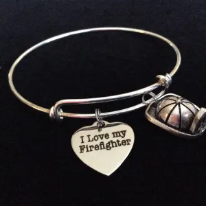 I Love My Firefighter on Expandable Adjustable Wire Bangle Bracelet Occupational Fire Hat Fire Department Wife Gift