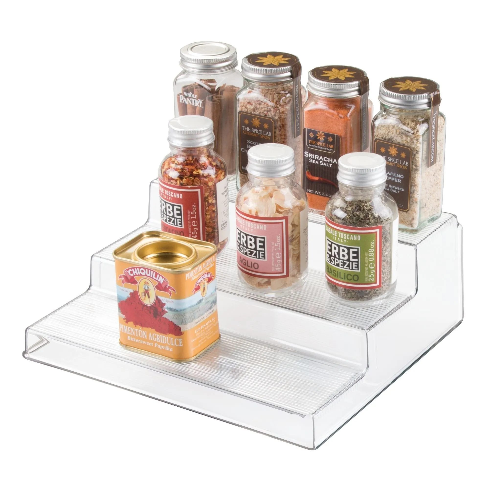iDesign Linus Plastic 3-Tier Organizer, Spice Rack for Kitchen Pantry, Cabinets, Countertops, Vanity, Office, Craft Room, 10" x 8.75" x 3.50", Set of 4, Black