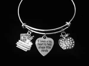 It Takes A Big Heart to Help Shape Little Minds Expandable Charm Bracelet Silver Adjustable Bangle Crystal Apple One Size Fits All