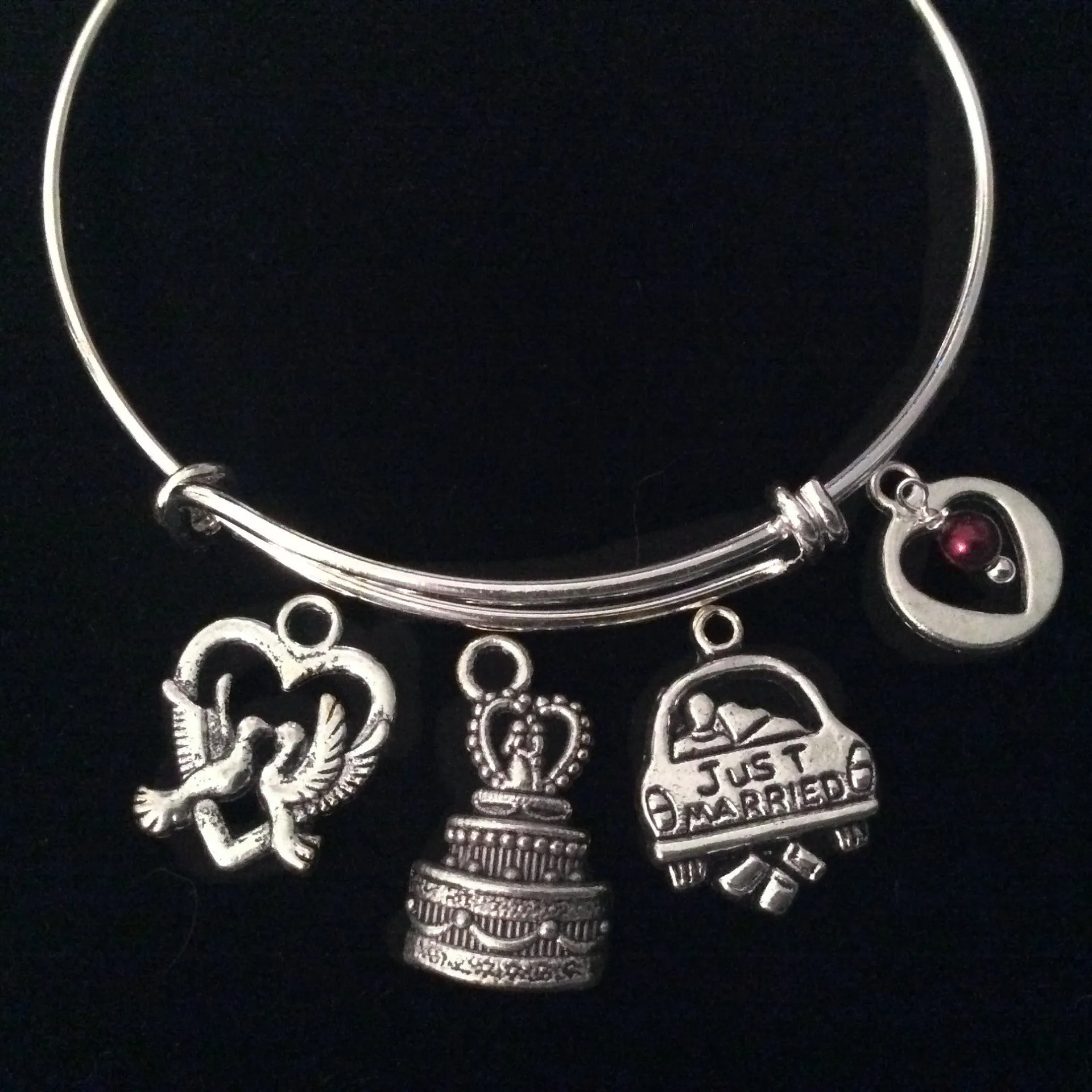 Just Married Wedding Gift Expandable Charm Bracelet Cake Doves Silver Adjustable Wire Bangle Bridal Trendy Gift