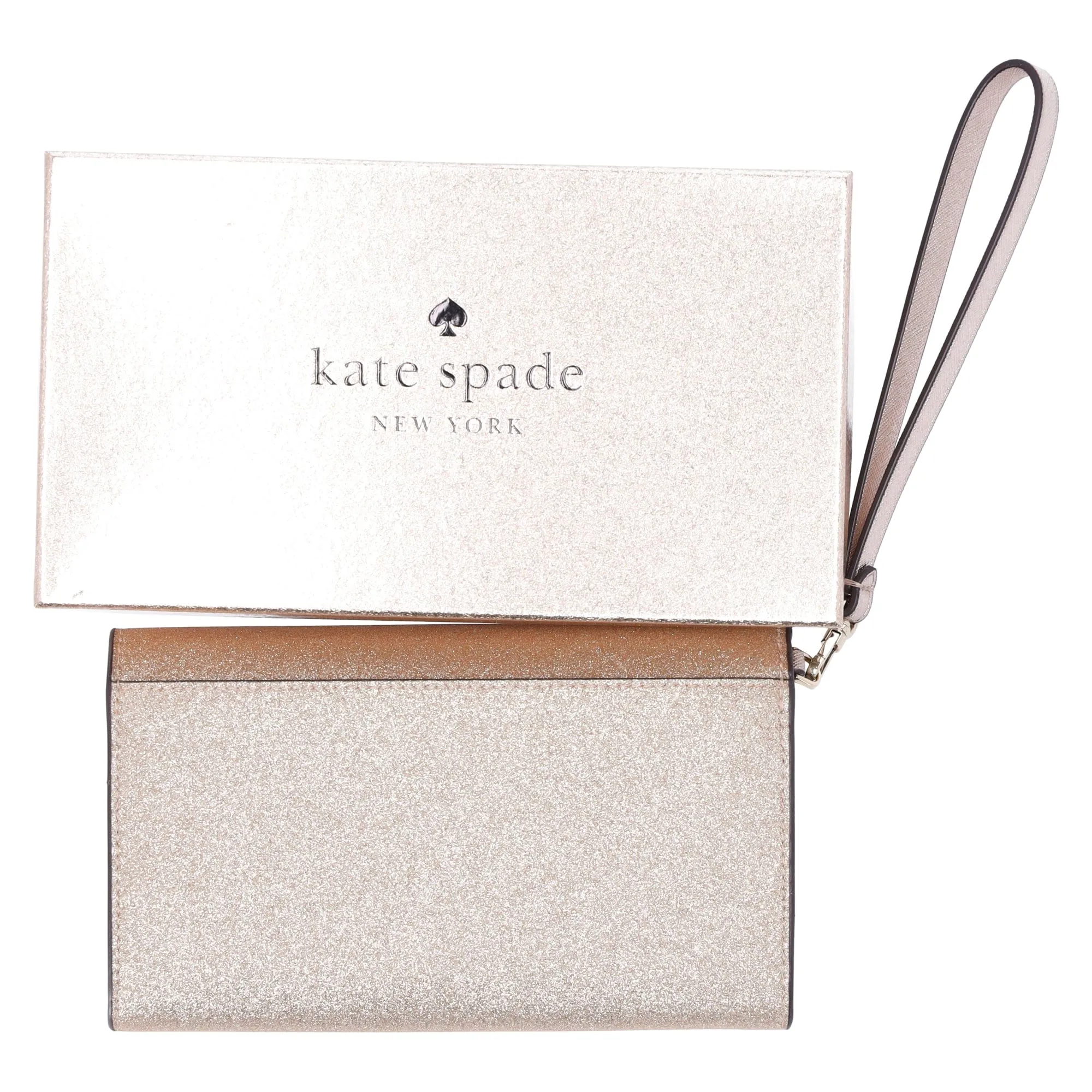 Kate Spade Glimmer Boxed Medium Flap Phone Wristlet Wallet Gold Glitter Holiday