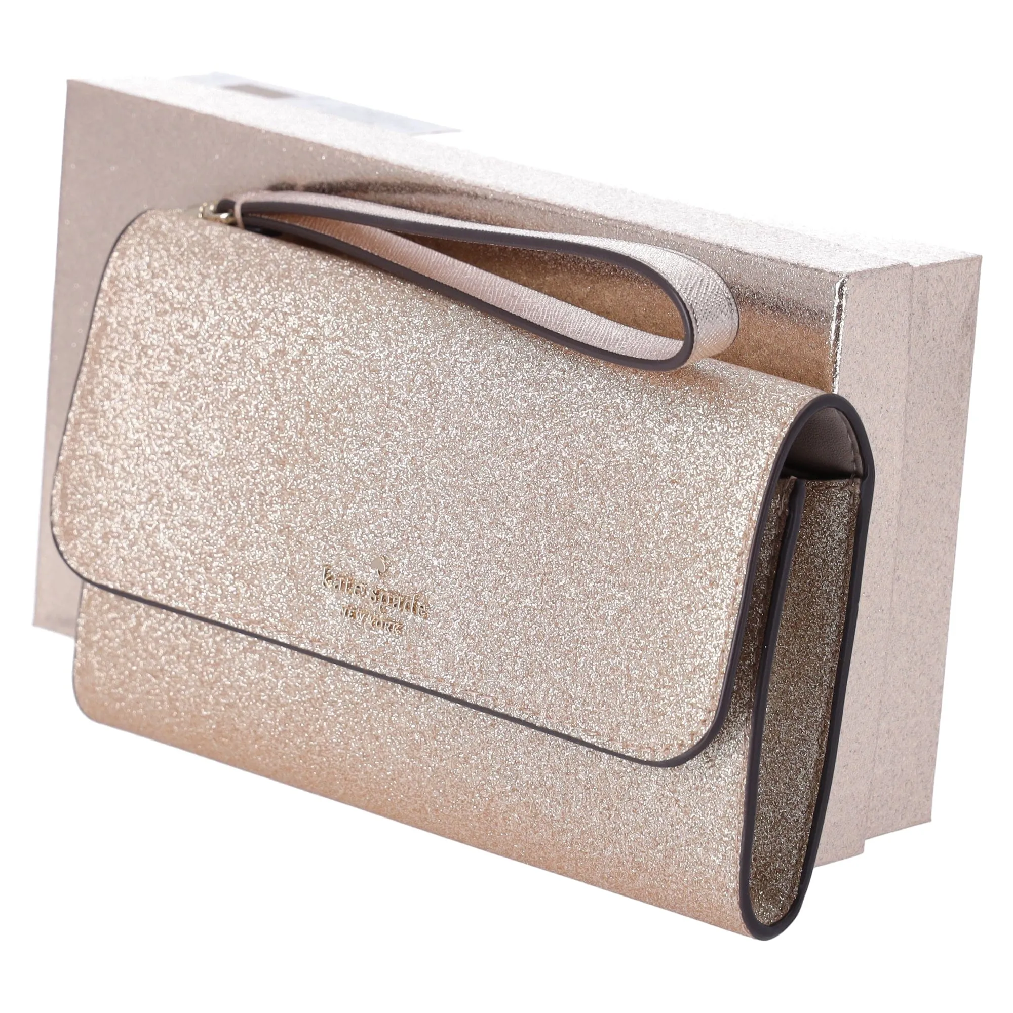 Kate Spade Glimmer Boxed Medium Flap Phone Wristlet Wallet Gold Glitter Holiday