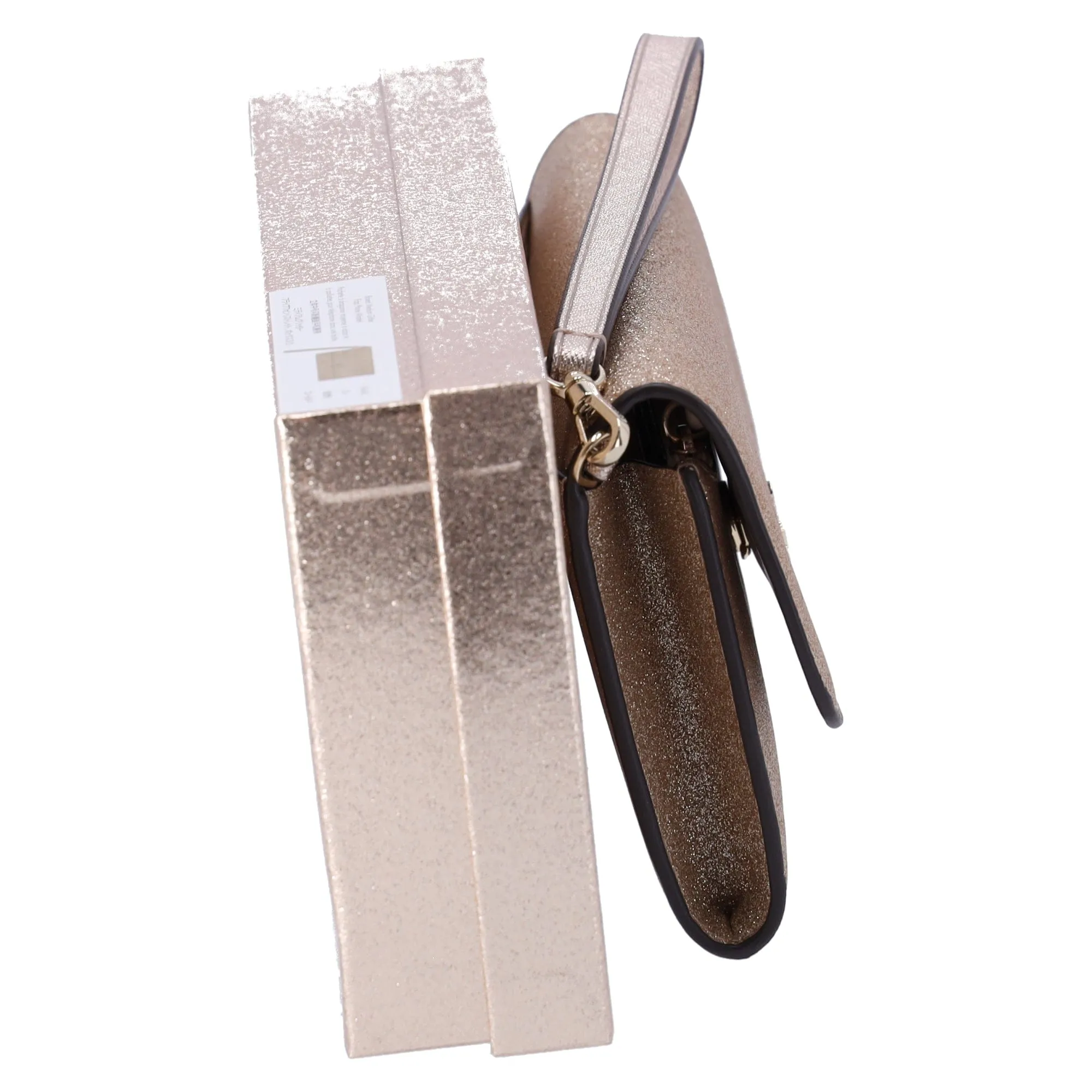 Kate Spade Glimmer Boxed Medium Flap Phone Wristlet Wallet Gold Glitter Holiday