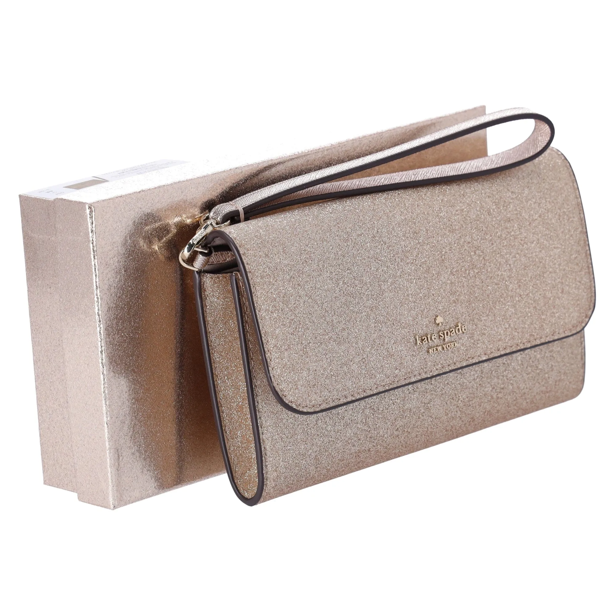 Kate Spade Glimmer Boxed Medium Flap Phone Wristlet Wallet Gold Glitter Holiday