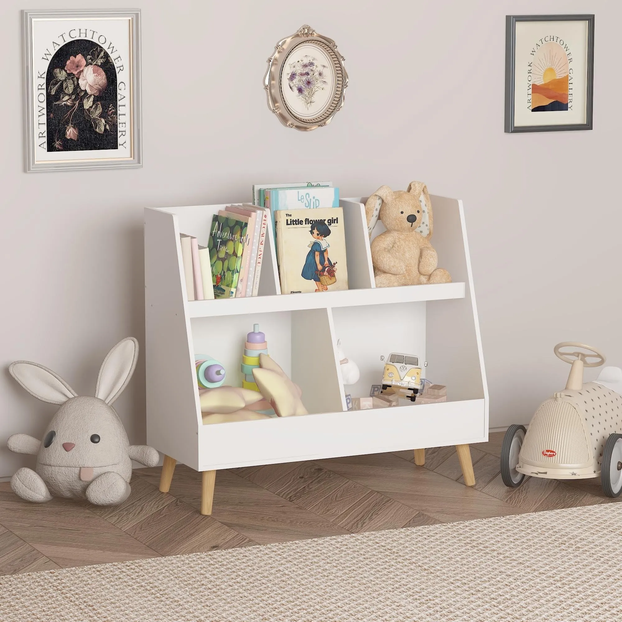 Kids Bookshelf and Toy Organizer 5 Cubbies Wooden Open Bookcase