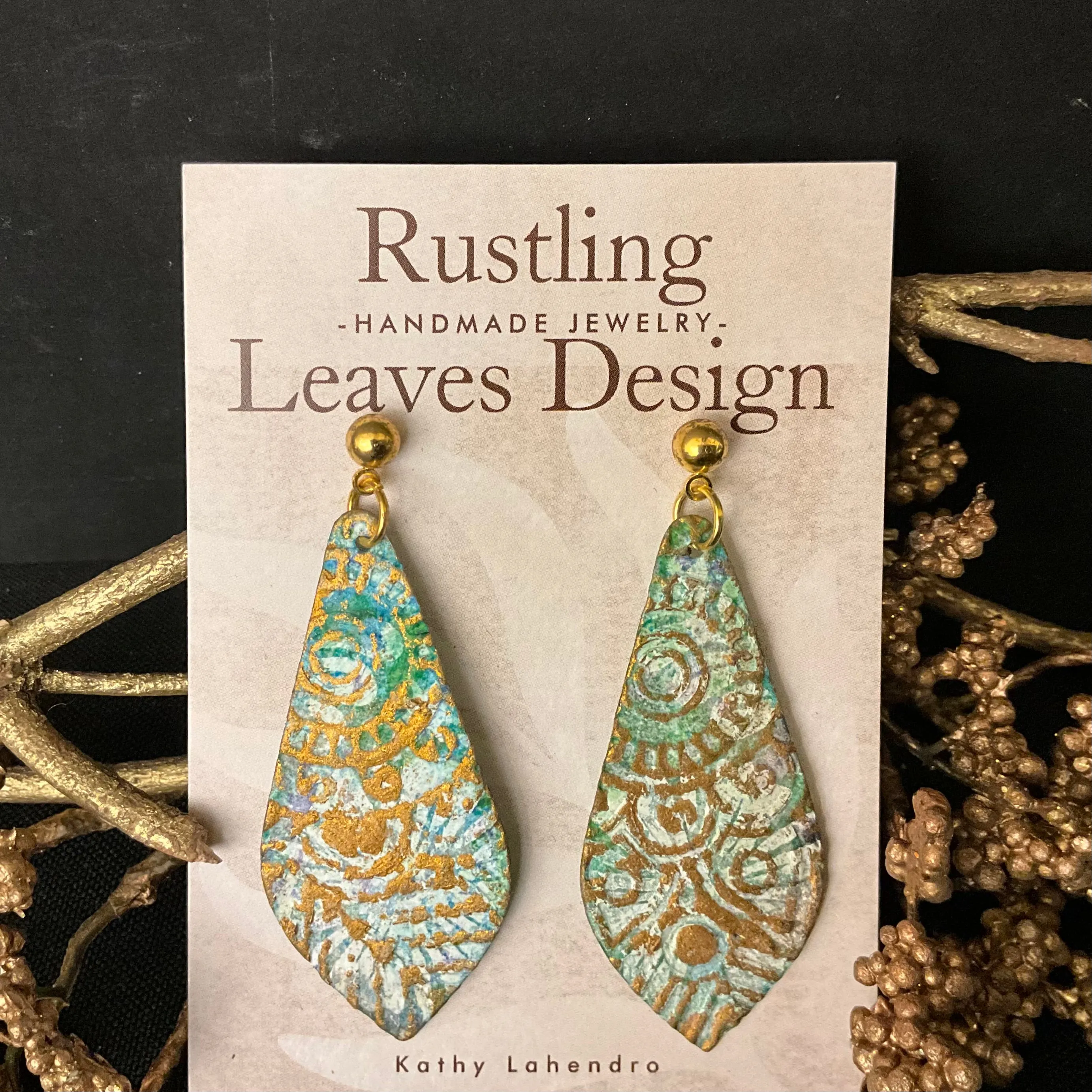 Kite-Shaped Post Earrings in Turquoise/Rust w Overlay Design