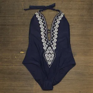 Kona Sol Crochet Trim Plunge One Piece Swimsuit Navy Medium