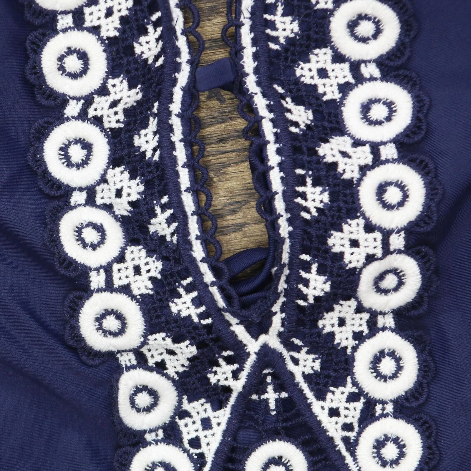 Kona Sol Crochet Trim Plunge One Piece Swimsuit Navy Medium