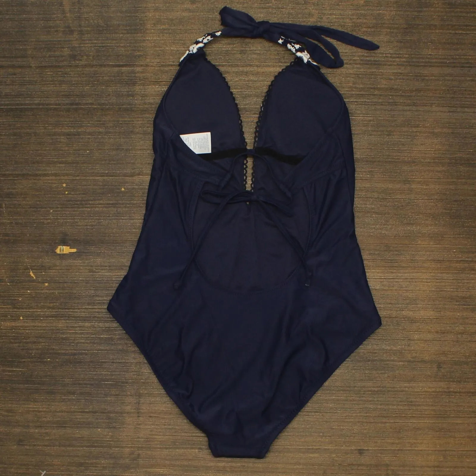 Kona Sol Crochet Trim Plunge One Piece Swimsuit Navy Medium