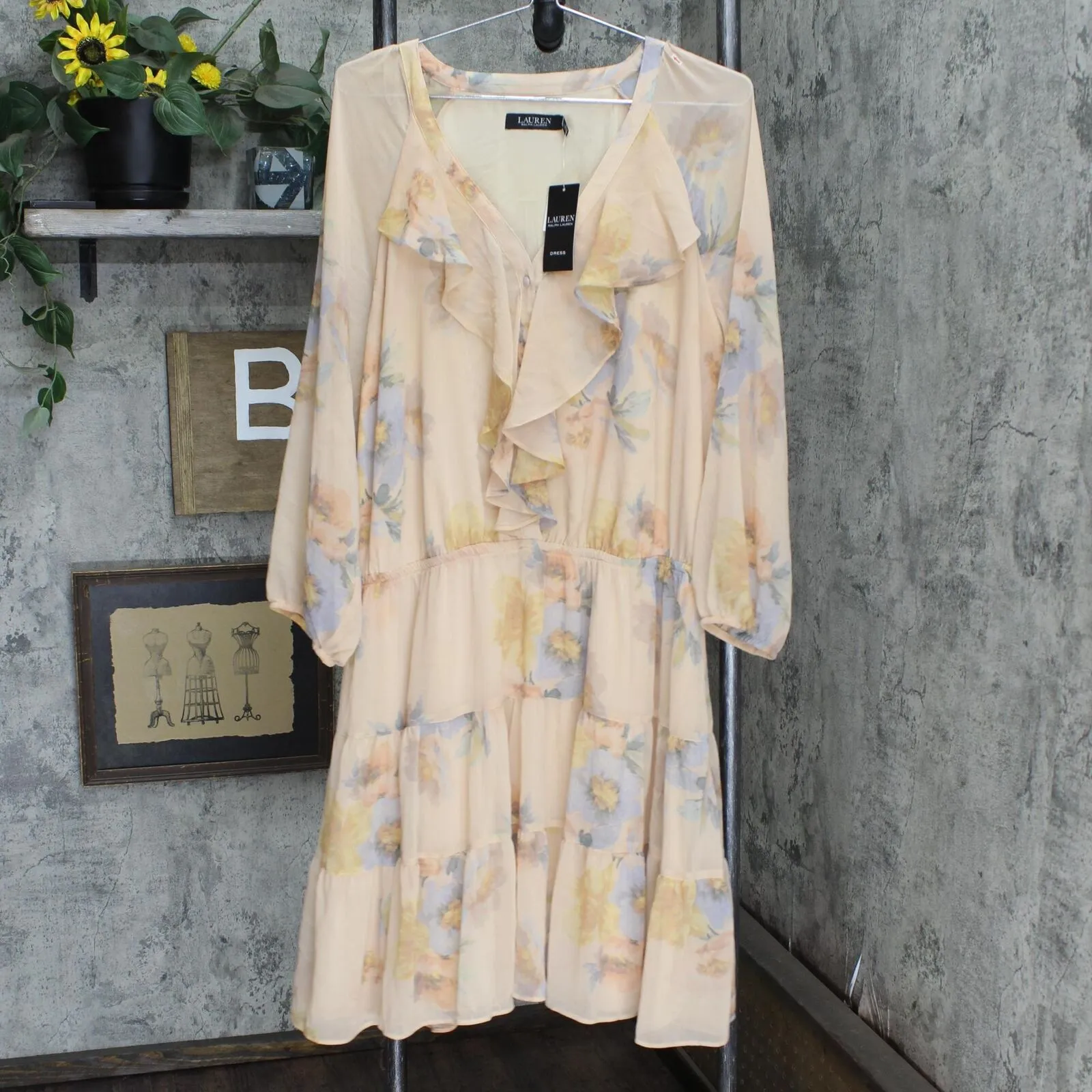 Lauren Ralph Lauren Floral Crinkled Georgette Dress Sage Pink Multicolor 18