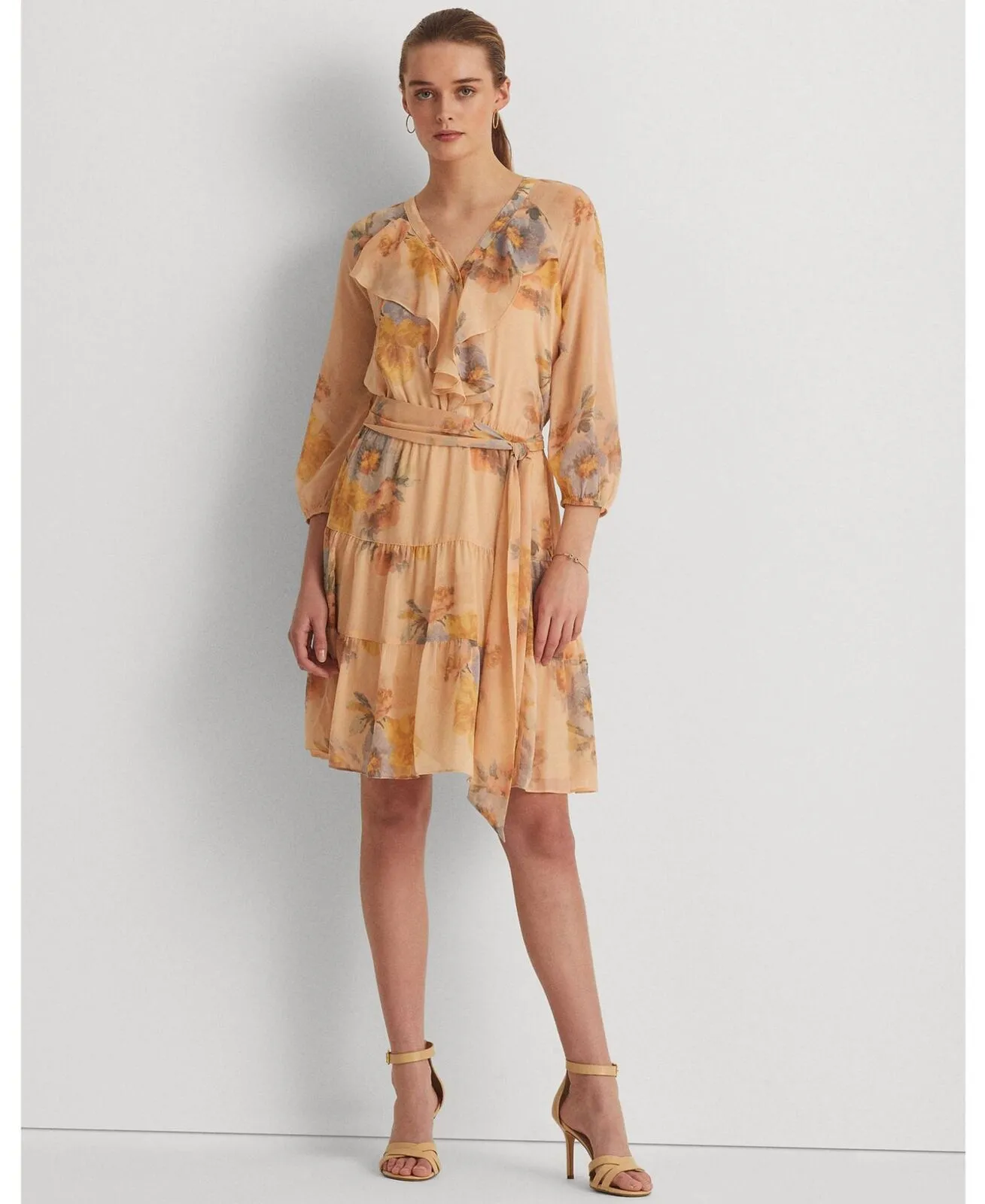 Lauren Ralph Lauren Floral Crinkled Georgette Dress Sage Pink Multicolor 18